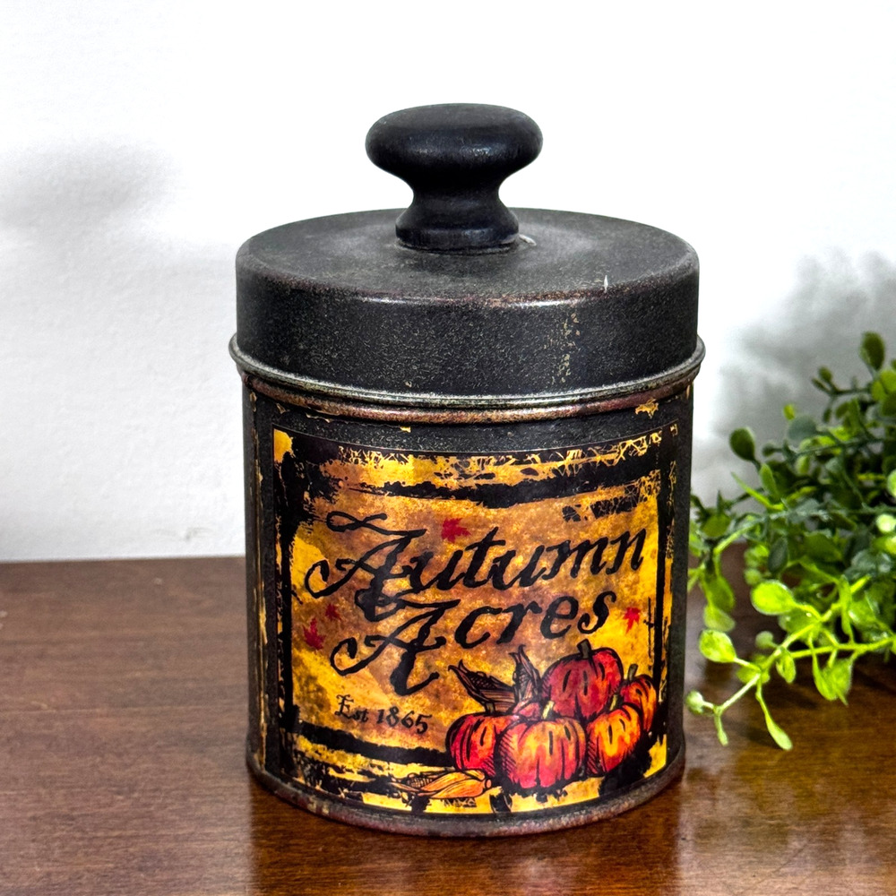 Vintage Fall Decor Container with Lid Tin Autumn Acres Pumpkins